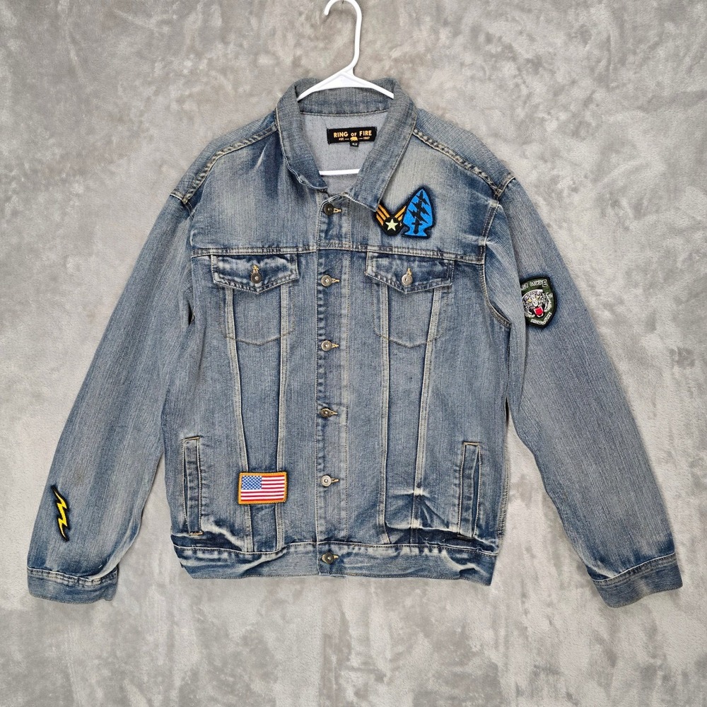 Ring of Fire Mens XL Denim Jacket Patches American Flag Lightning Tiger Snake